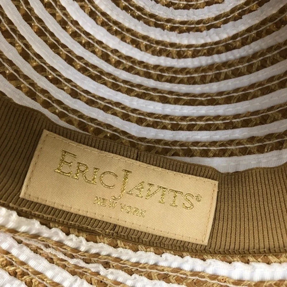 Eric Javits Sun Hat Womens O/S Tan White Striped Squishee Wide Brim UPF 50+ - Picture 6 of 8